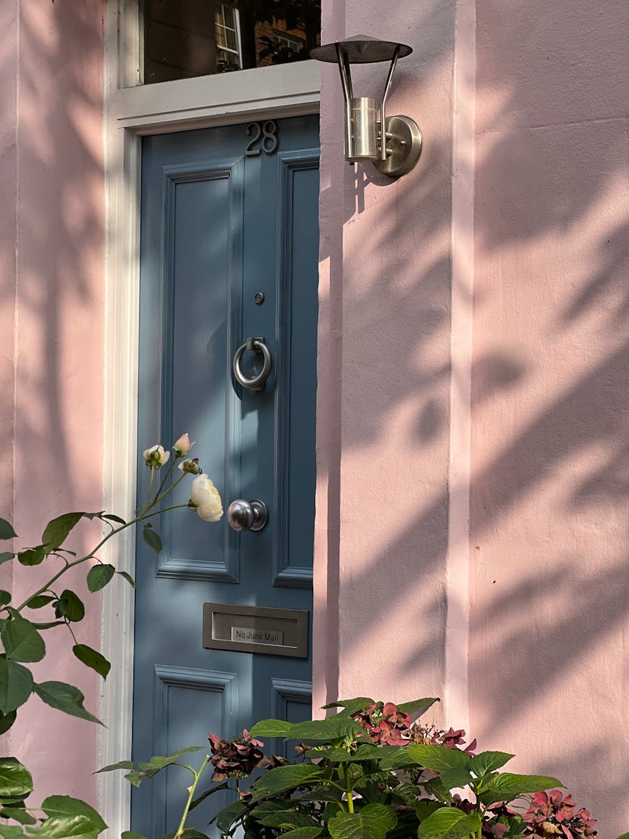 Blue door on a pink wall with plant shadows and metal lamp for a vintage feel.